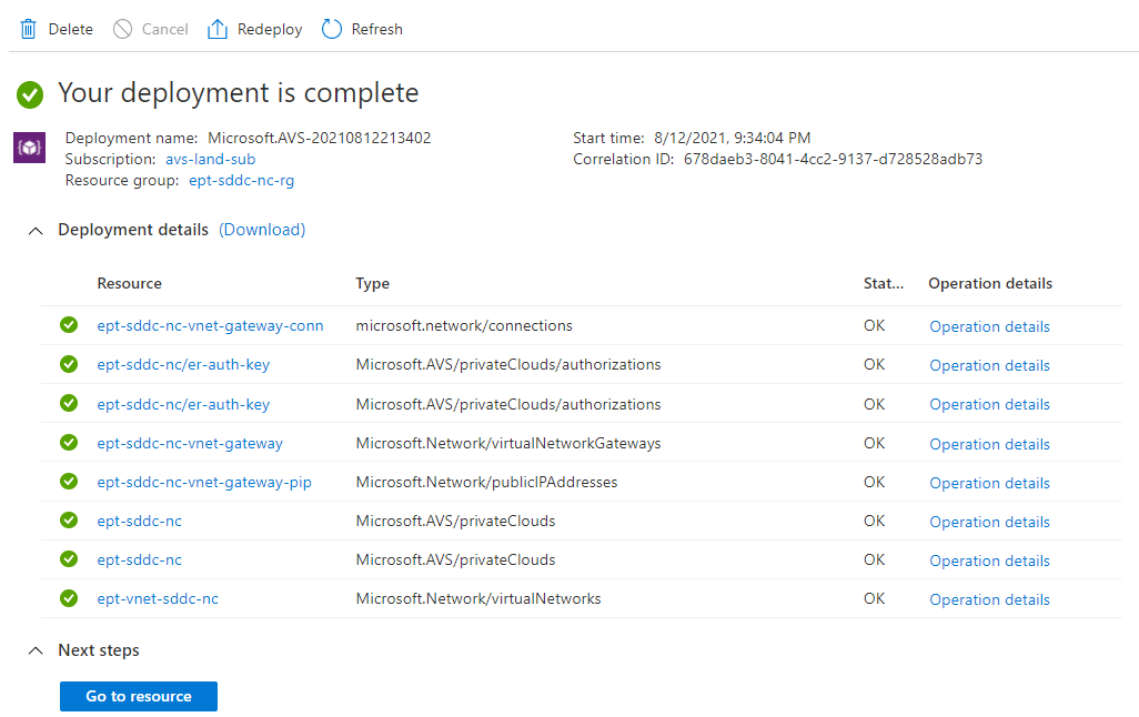 Screenshot displaying the additional resources created after saving the Azure vNet connect configuration.