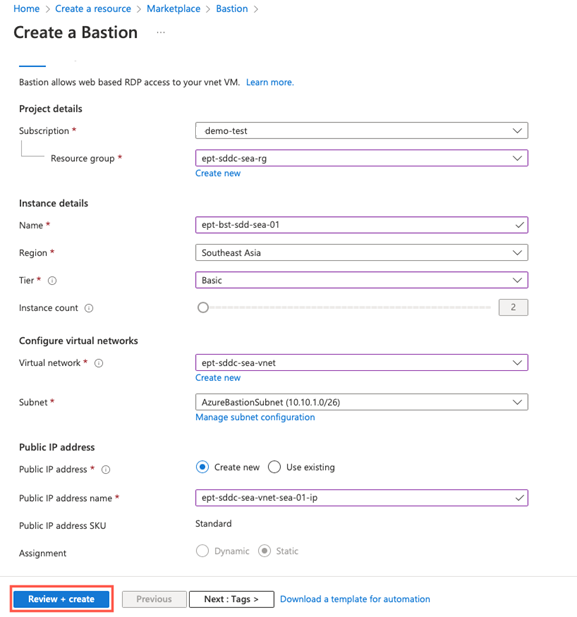 Screenshot of the Azure portal showing how to create an Azure Bastion host, with fields containing example values.
