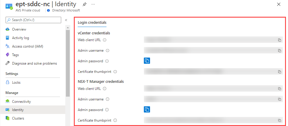Screenshot of the Azure portal page, showing where login credentials are displayed after Azure VMware Solution has been deployed.