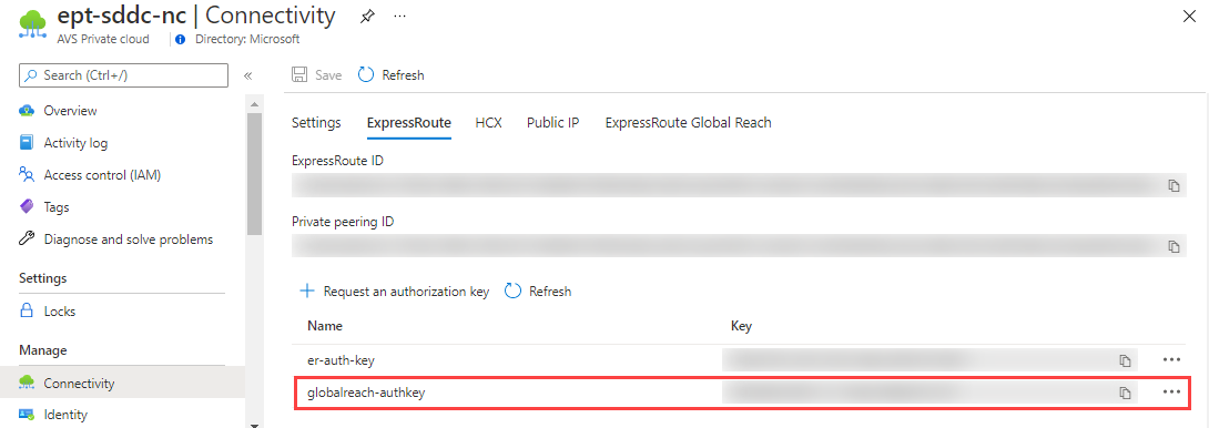 Screenshot of the Azure portal showing the new ExpressRoute Global Reach authorization key in the key list for the private cloud.