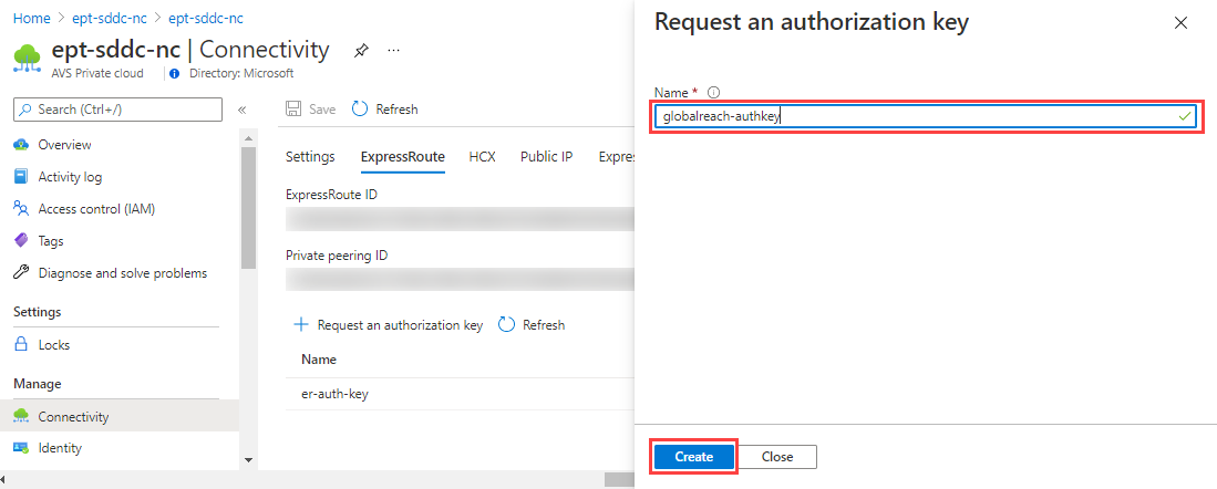 Screenshot of the Azure portal UI for entering the name of the authorization key and selecting Create.