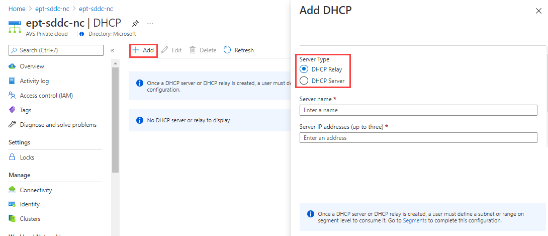 Screenshot of the Azure portal showing how to add either a D H C P server or a D H C P relay into the A V S private cloud.