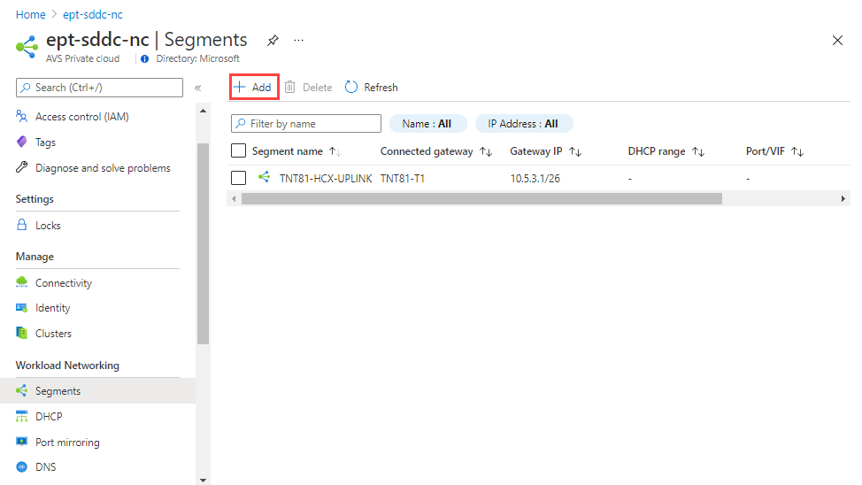 Screenshot of the Azure portal showing how to add an N S X-T Manager network segment.