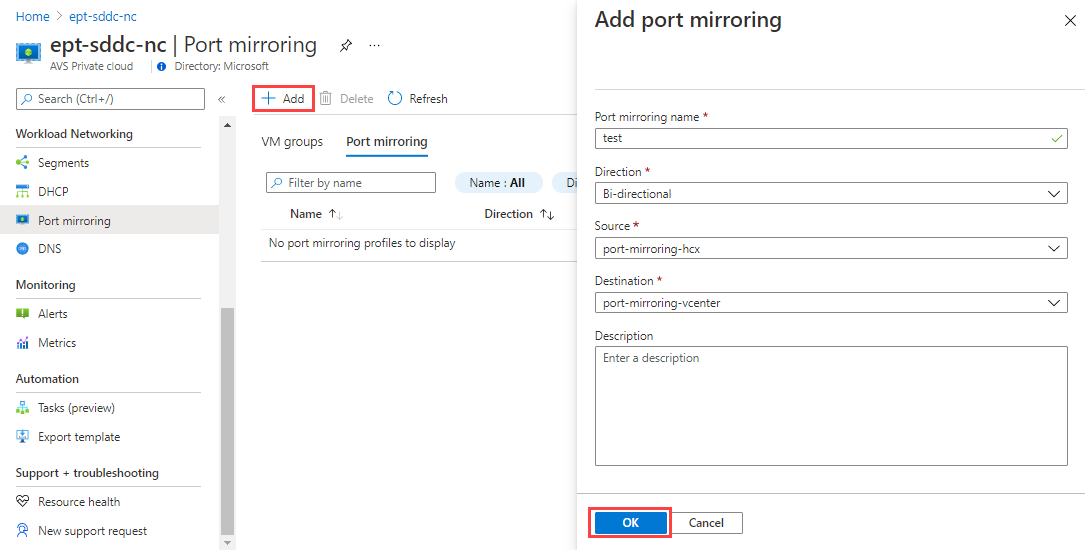 Screenshot of the Azure portal showing how to add the port-mirroring profile.