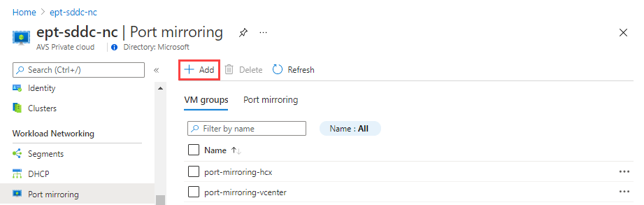 Screenshot of the Azure portal showing where to configure port mirroring related to destination VMs or VM groups.