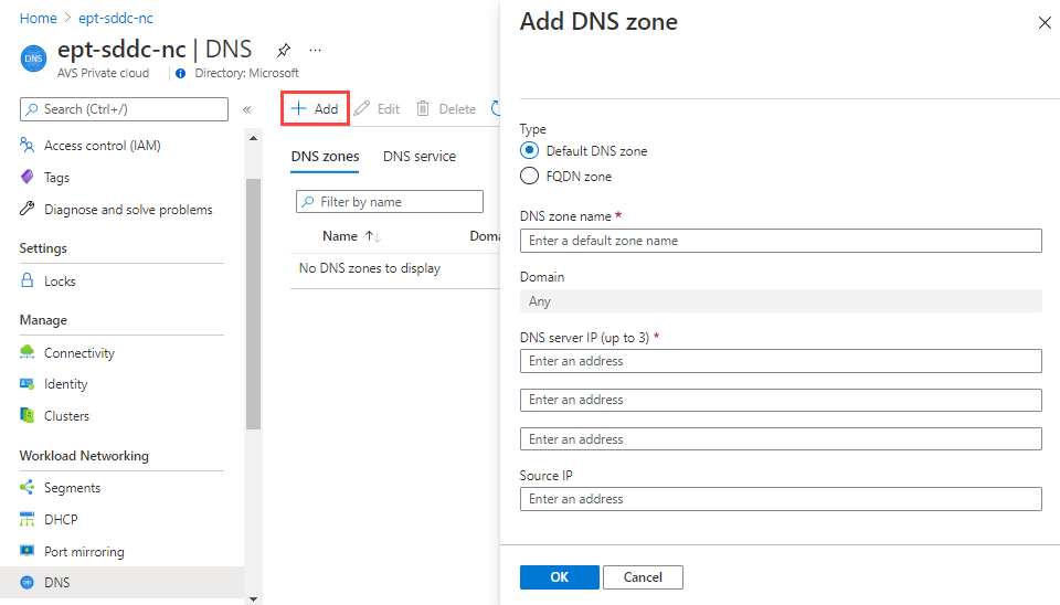 Screenshot of the Azure portal showing where to configure D N S zones under Workload Networking.