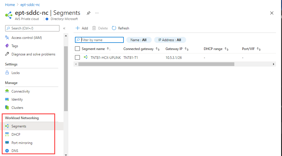 Screenshot of the Azure portal, showing where to configure N S X-T options for segments, D H C P, port mirroring, and D N S.