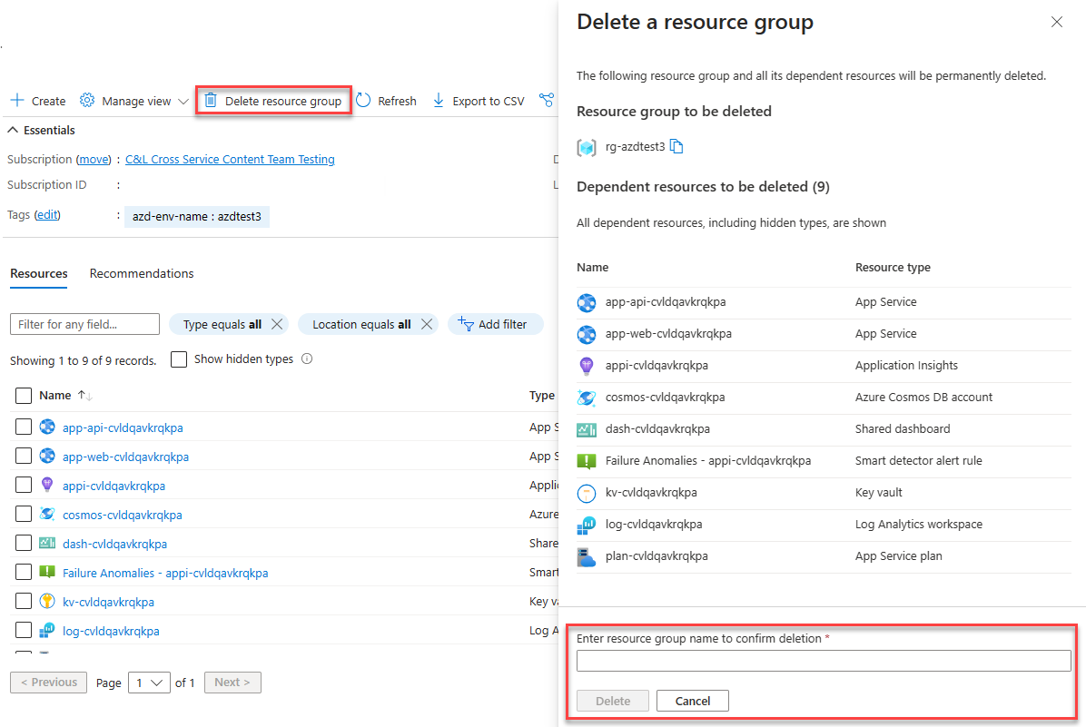 A screenshot showing how to delete a resource group.