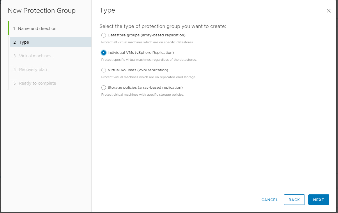 Screenshot of the Type window in Azure VMware Solution with the Individual VMs (vSphere replication) option selected.