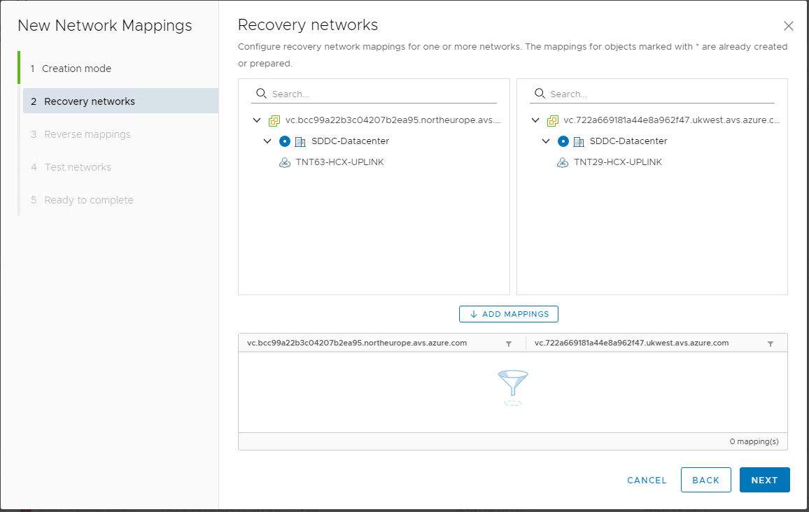 Screenshot of the Recovery networks window with relevant mappings set for objects between the protected site and the recovery site.
