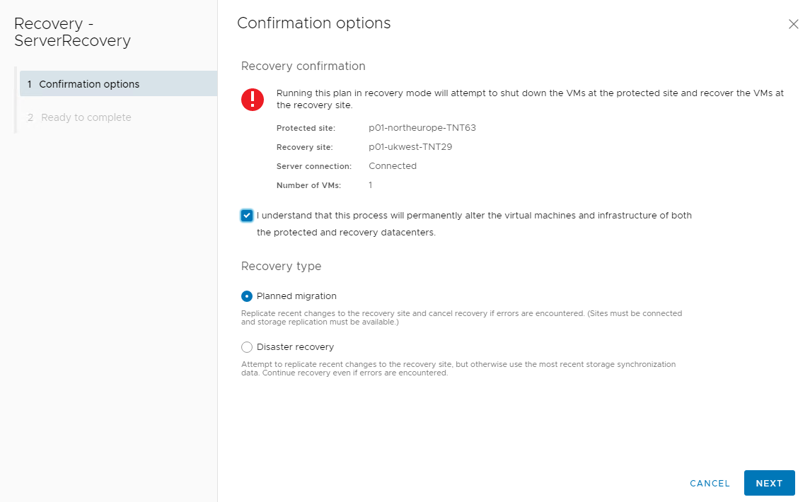 Screenshot of the Confirmation options window in Azure VMware Solution with the selected recovery confirmation options.