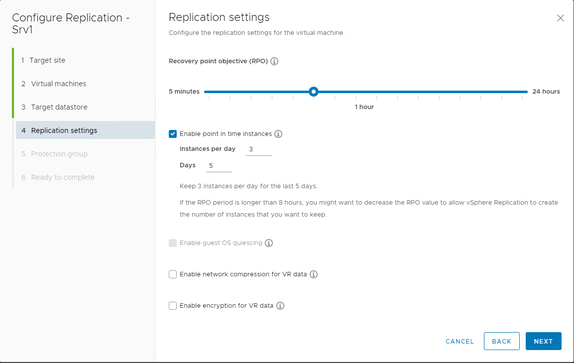 Screenshot of the Replication settings window in Azure VMware Solution, with the configured RPO settings.