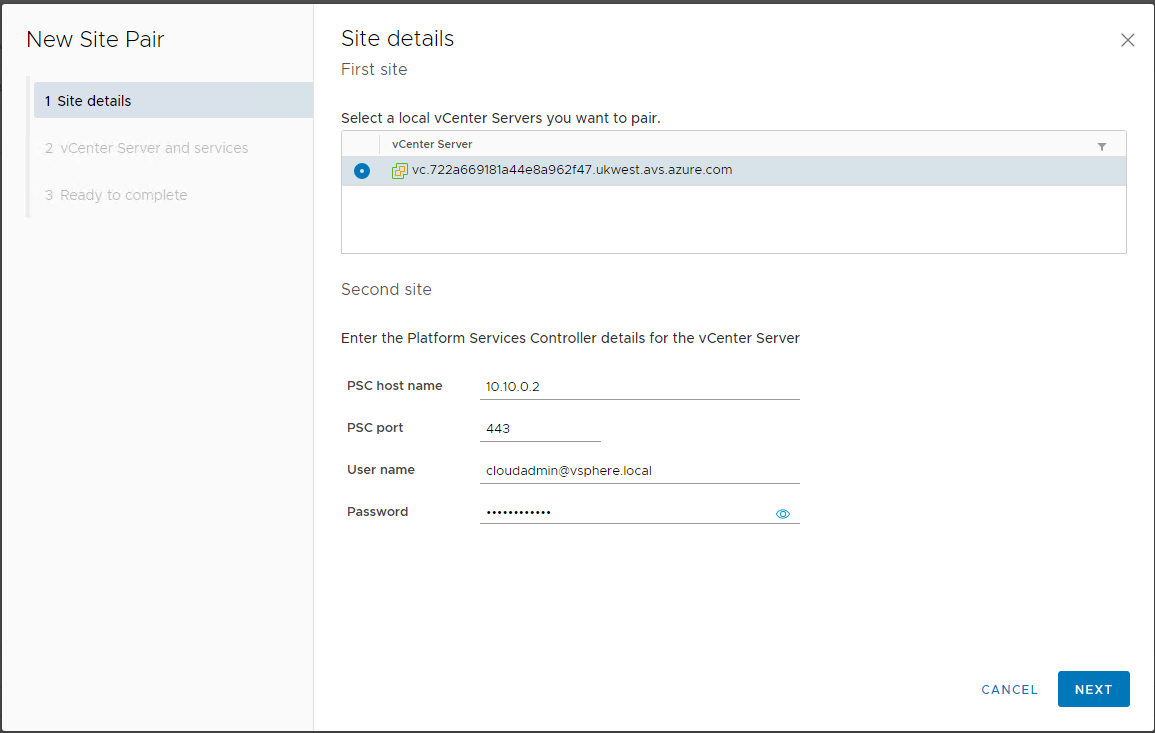 Screenshot of the Disaster recovery tab in Azure VMware Solution. The vSphere Replication option is selected under Setup replication.