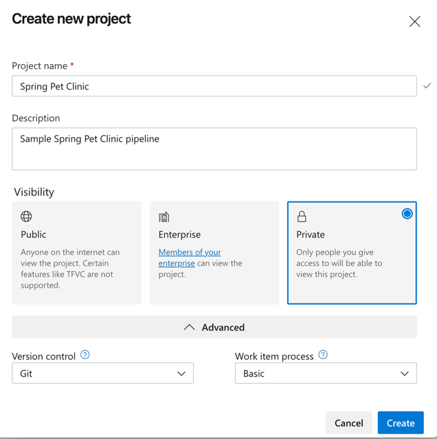 Screenshot displaying the new Azure Project form.