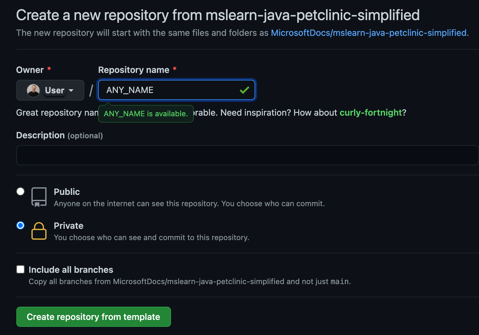 Screenshot of the "Create repository from template" button on the "Create a new repository from ..." page.