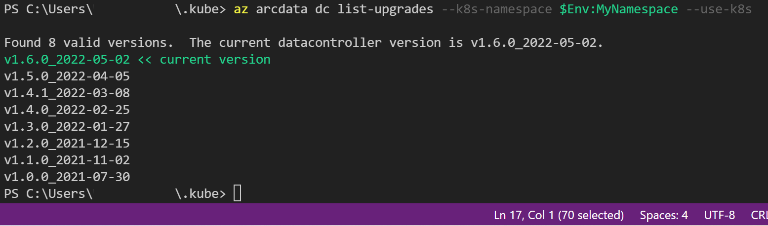 Screenshot of results from az arcdata dc list-upgrades.