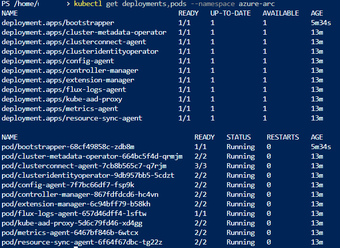 Screenshot of Create Azure Arc Agents for Kubernetes Deployed