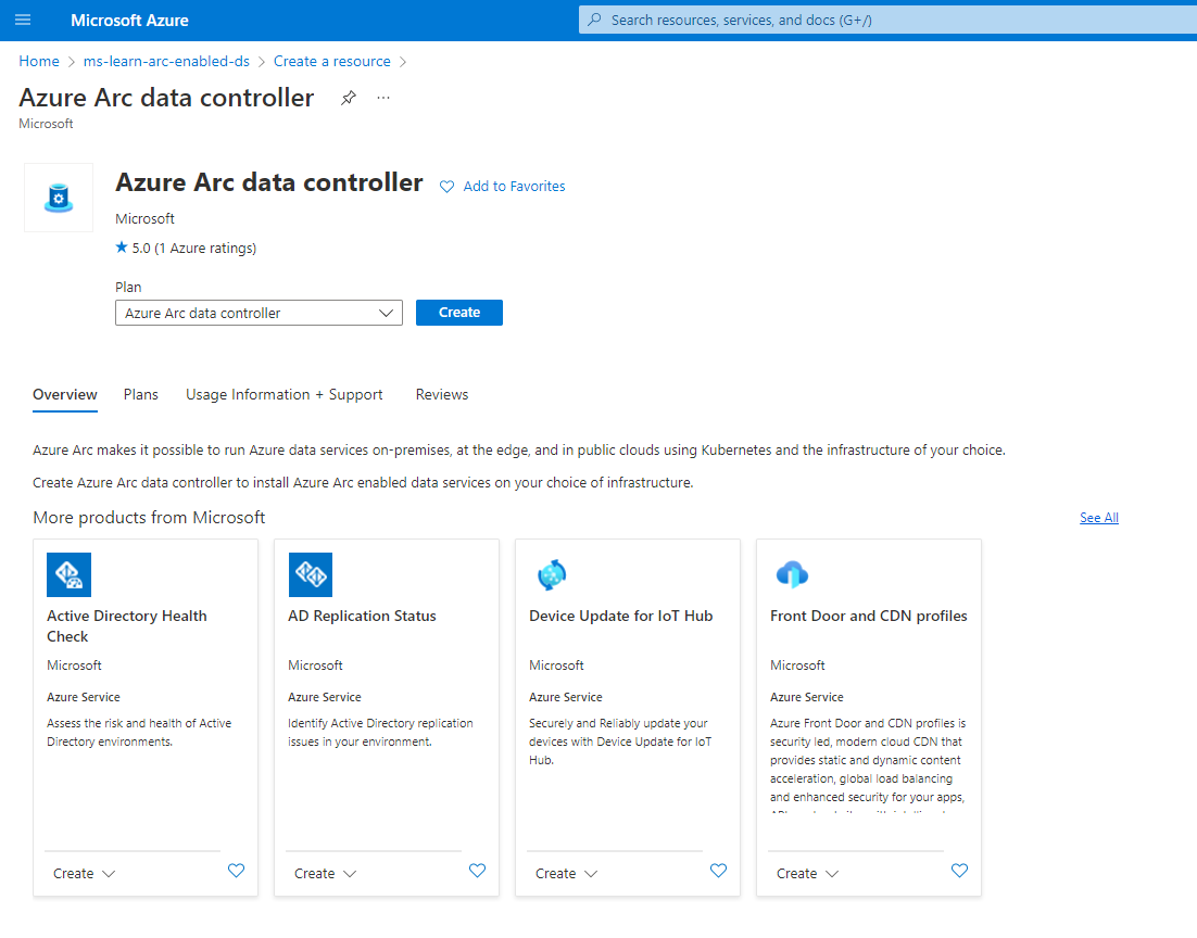 Screenshot of create Azure Arc data controller in portal