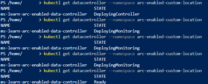 Screenshot of Azure Arc data controller successful deployment CloudShell