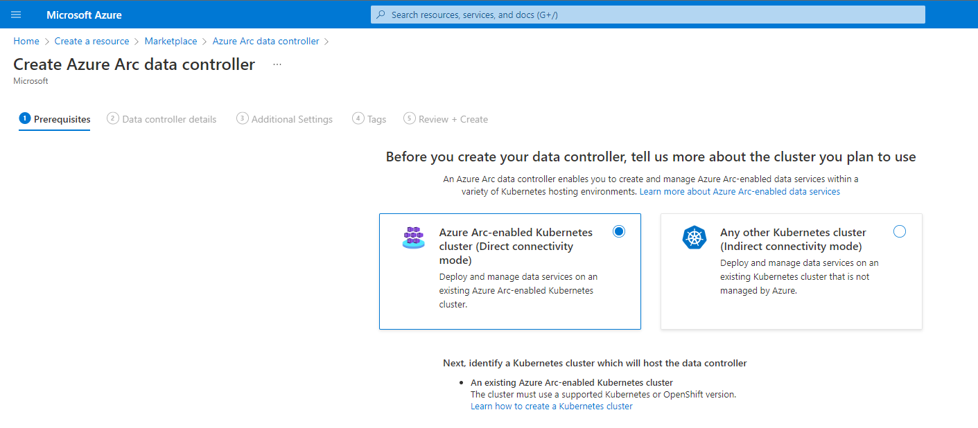 Screenshot of Create Azure Arc data controller direct connectivity mode in portal