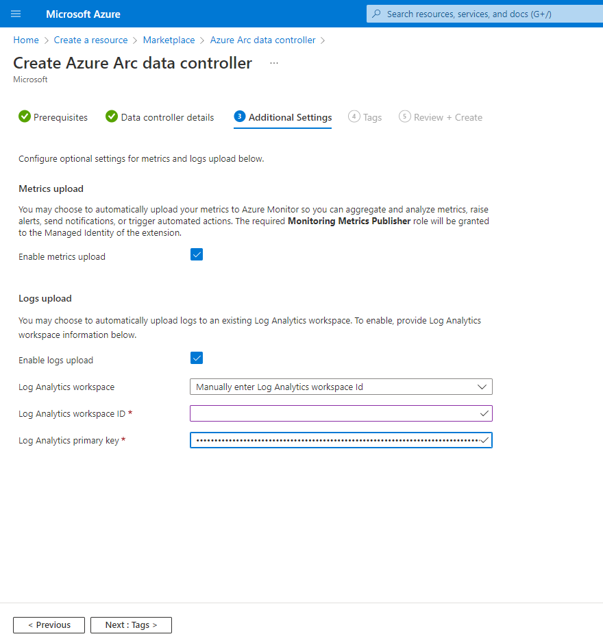 Screenshot of Azure Arc data controller additional settings