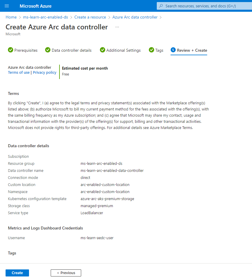 Screenshot of Azure Arc data controller review and create