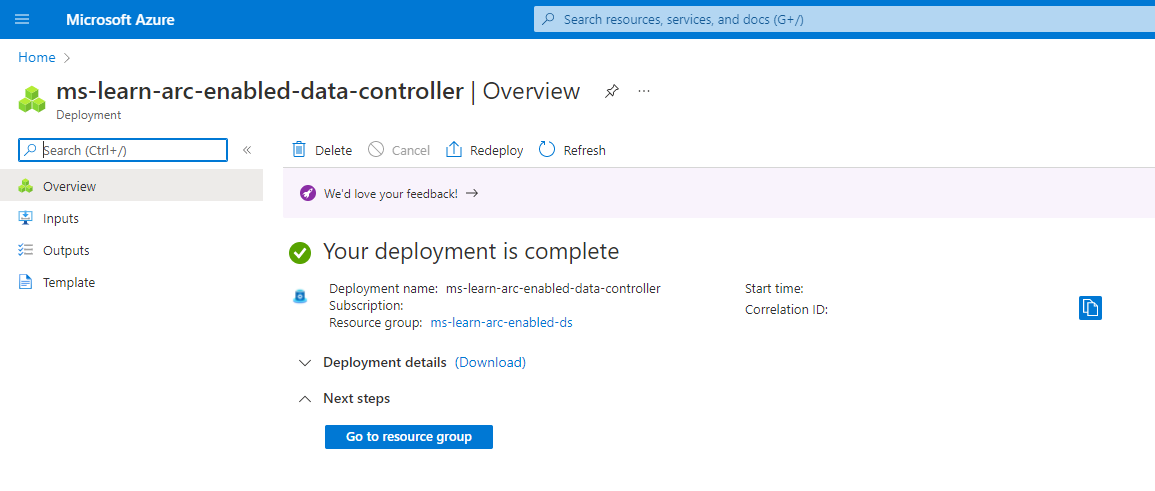 Screenshot of Azure Arc data controller successful deployment