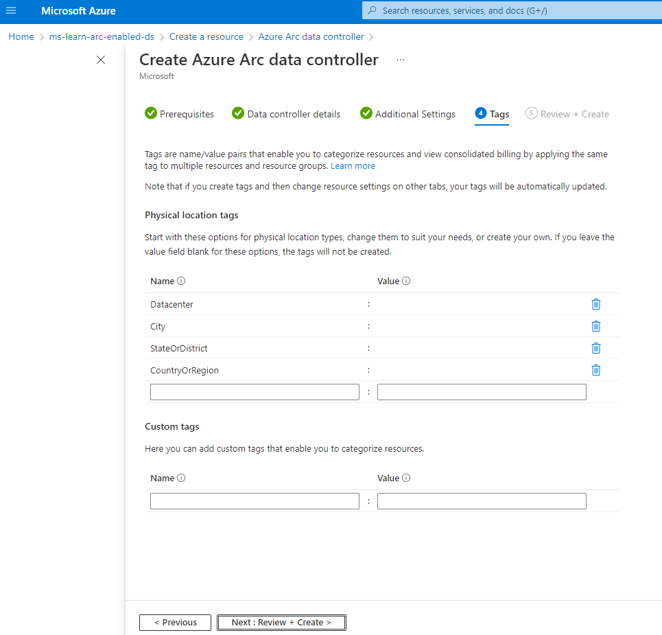 Screenshot of Azure Arc data controller Tags
