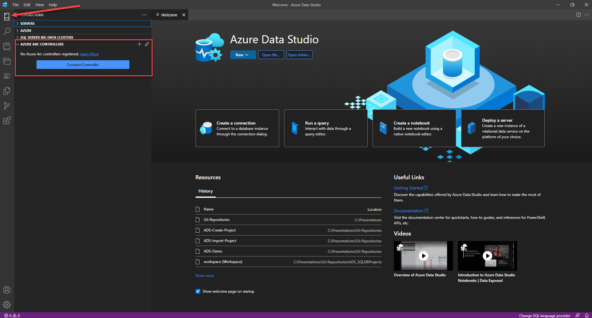 Screenshot of Azure Data Studio Azure Arc Connectors