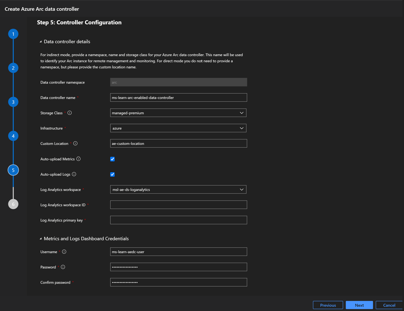 Screenshot of Azure Data Studio step 5 - data controller configuration