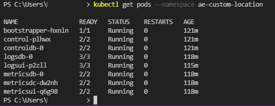 Screenshot of Azure Data Studio Azure Arc data controller indirect mode status from kubectl get pods.
