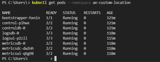Screenshot of Azure Data Studio Azure Arc data controller indirect mode status from kubectl get pods.