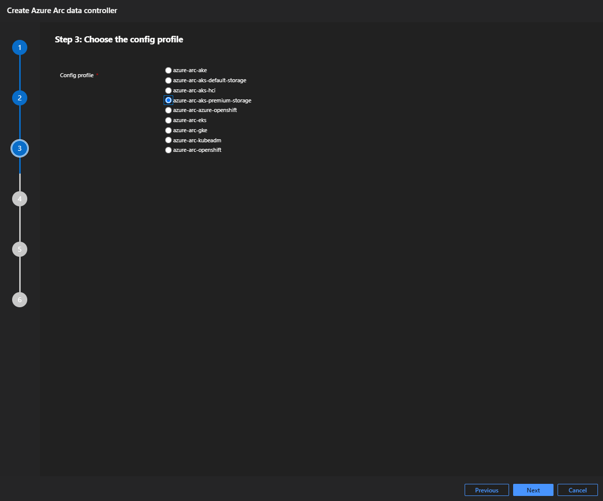 Screenshot of Azure Data Studio Azure Arc data controller Kubernetes config profile.