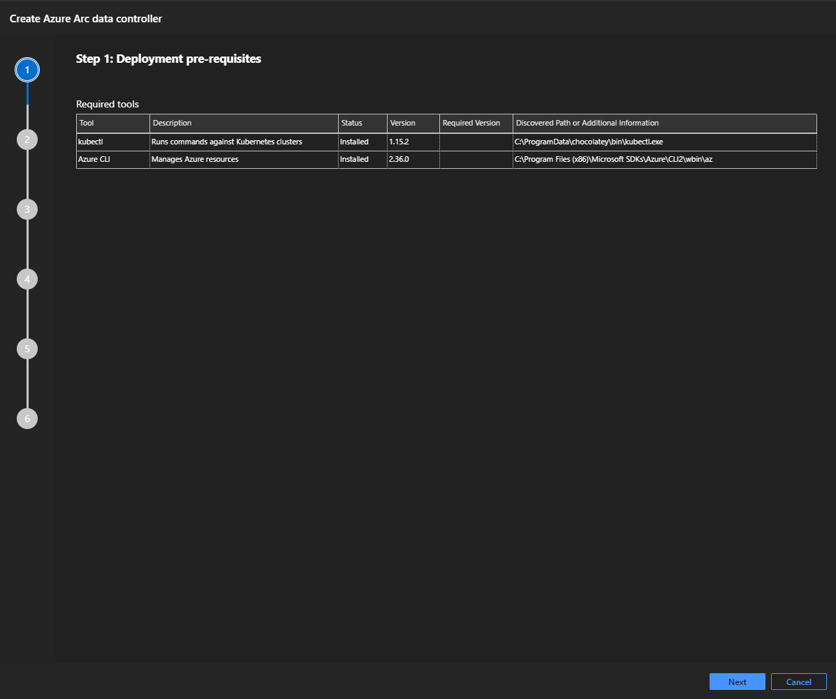 Screenshot of Azure Data Studio Azure Arc Controller pre-requisits