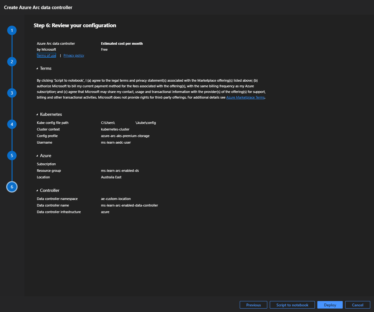 Screenshot of Azure Data Studio - review configuration- indirect mode