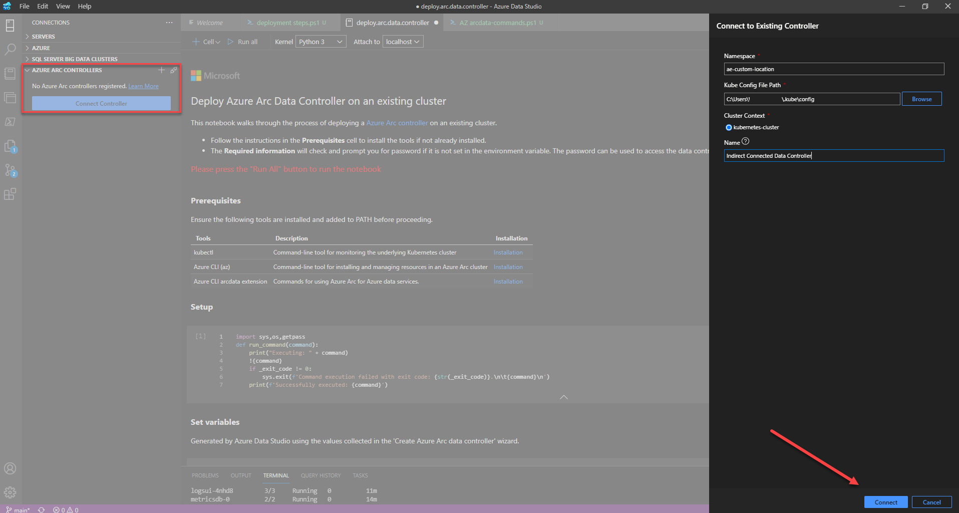 Screenshot of Azure Data Studio Azure Arc data controller connect.