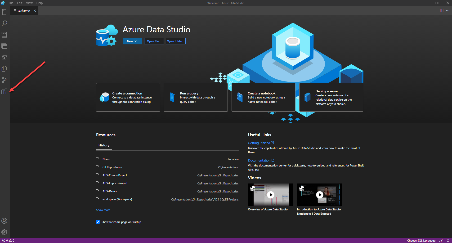 Screenshot of Azure Data Studio Extensions