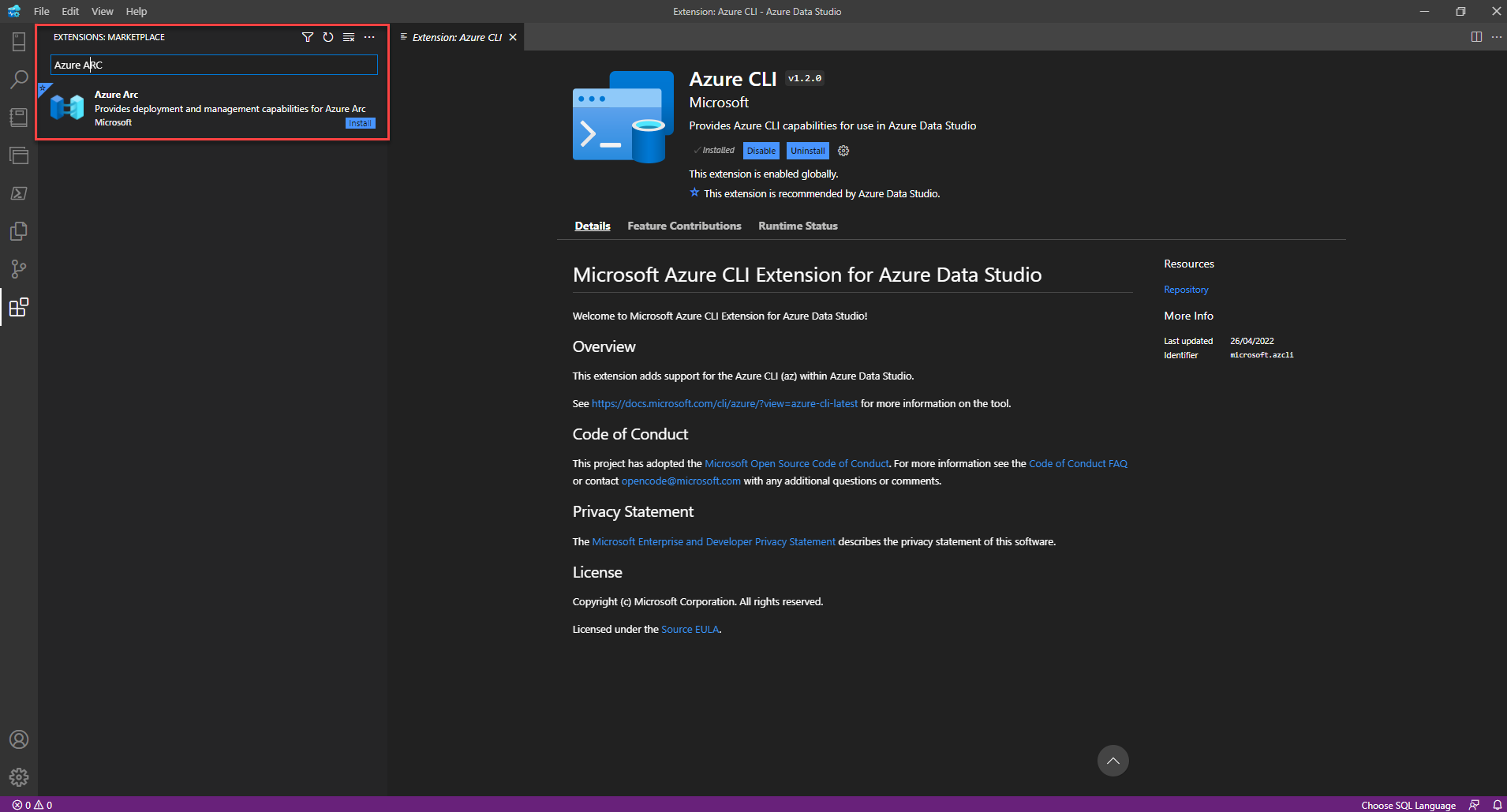 Screenshot of Azure Data Studio Azure Arc Extension
