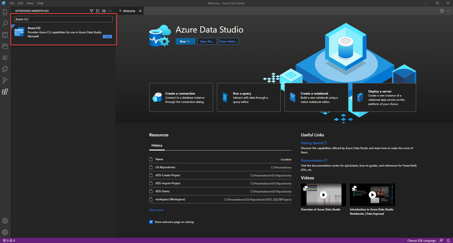 Screenshot of Azure Data Studio Azure CLI Extension