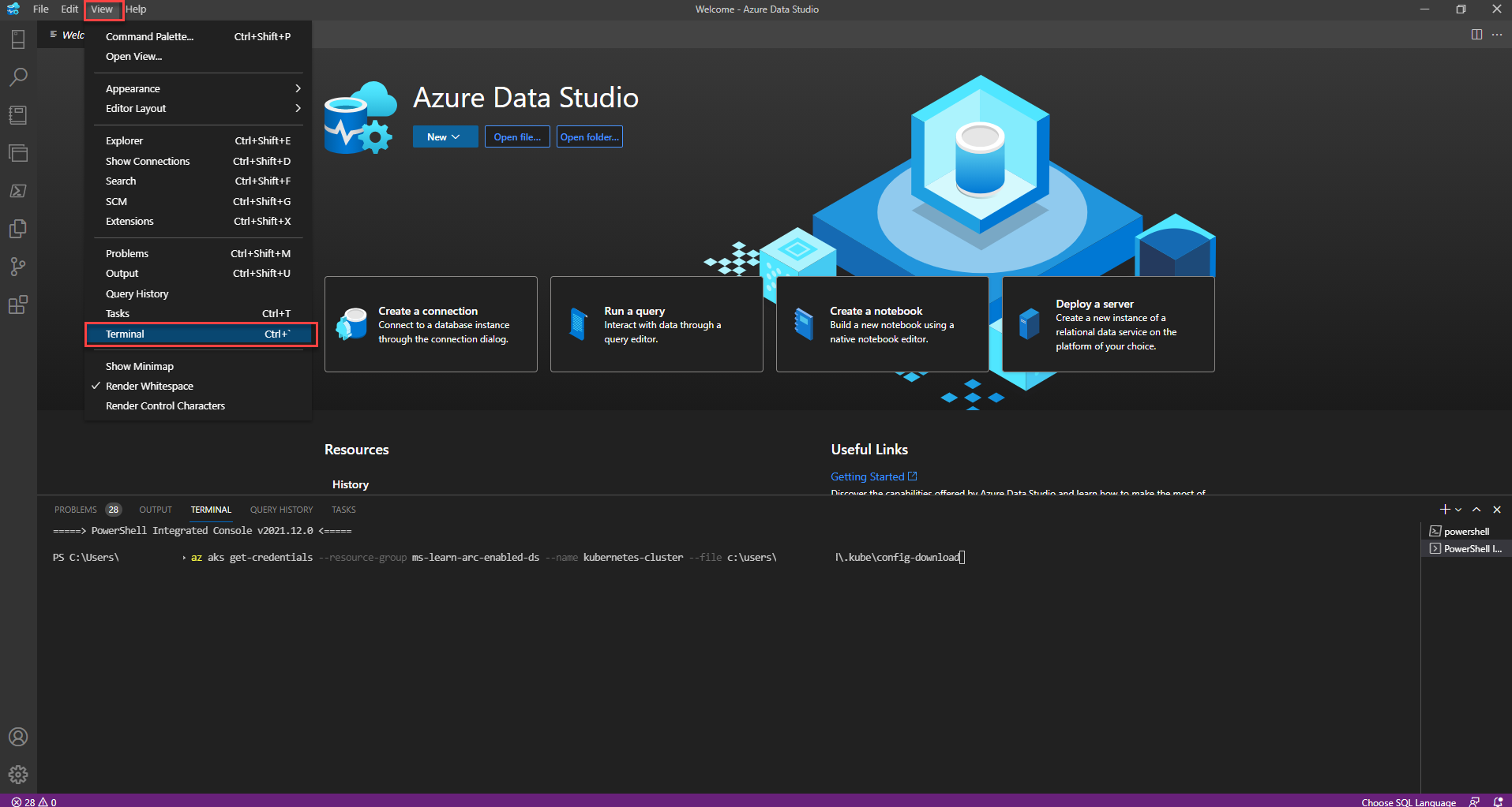 Screenshot of Azure Data Studio Azure kube.config download