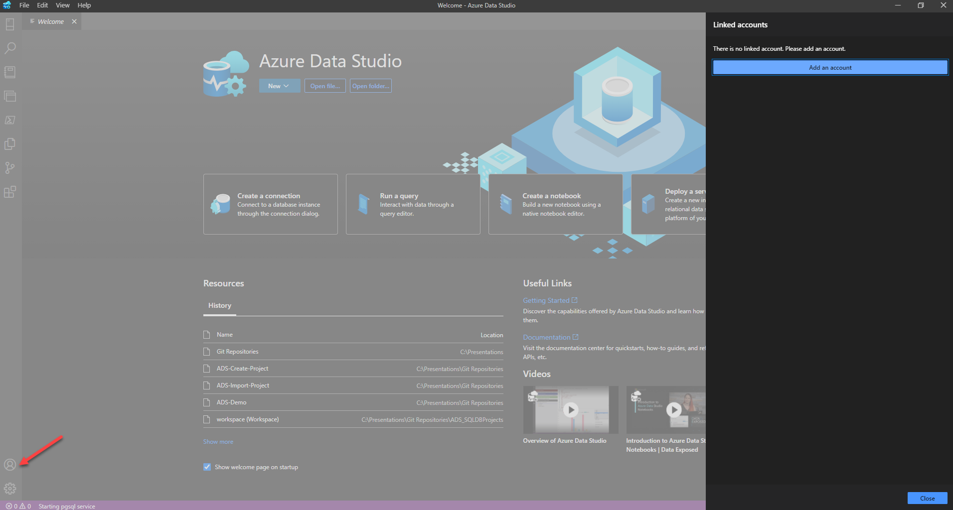 Screenshot of Azure Data Studio Azure linked accounts