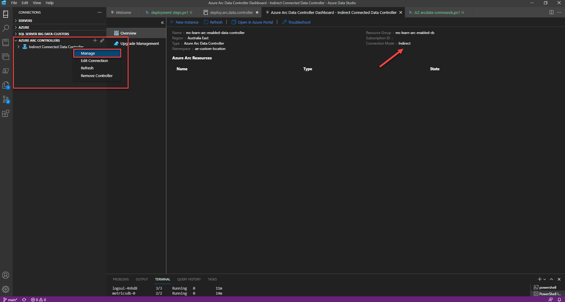 Screenshot of Azure Data Studio Azure Arc data controller manage.
