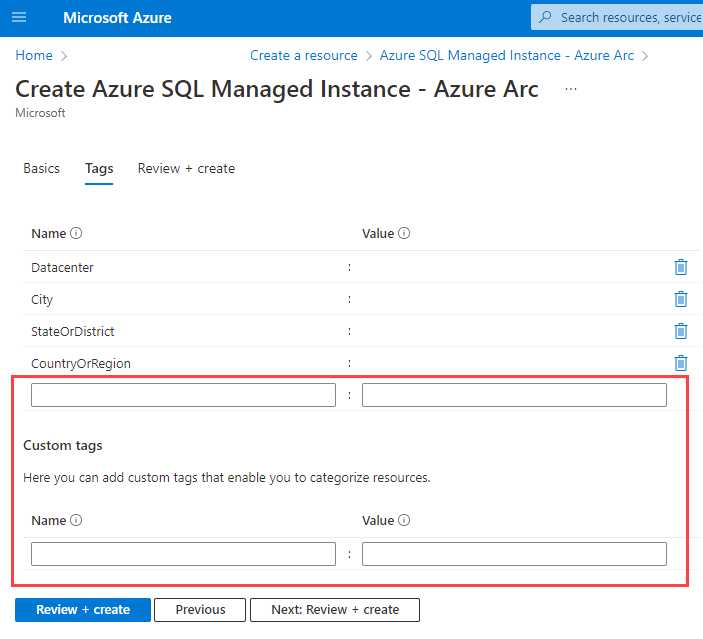 Screenshot of Azure Arc-enabled SQL Managed Instance - Azure Arc Tags