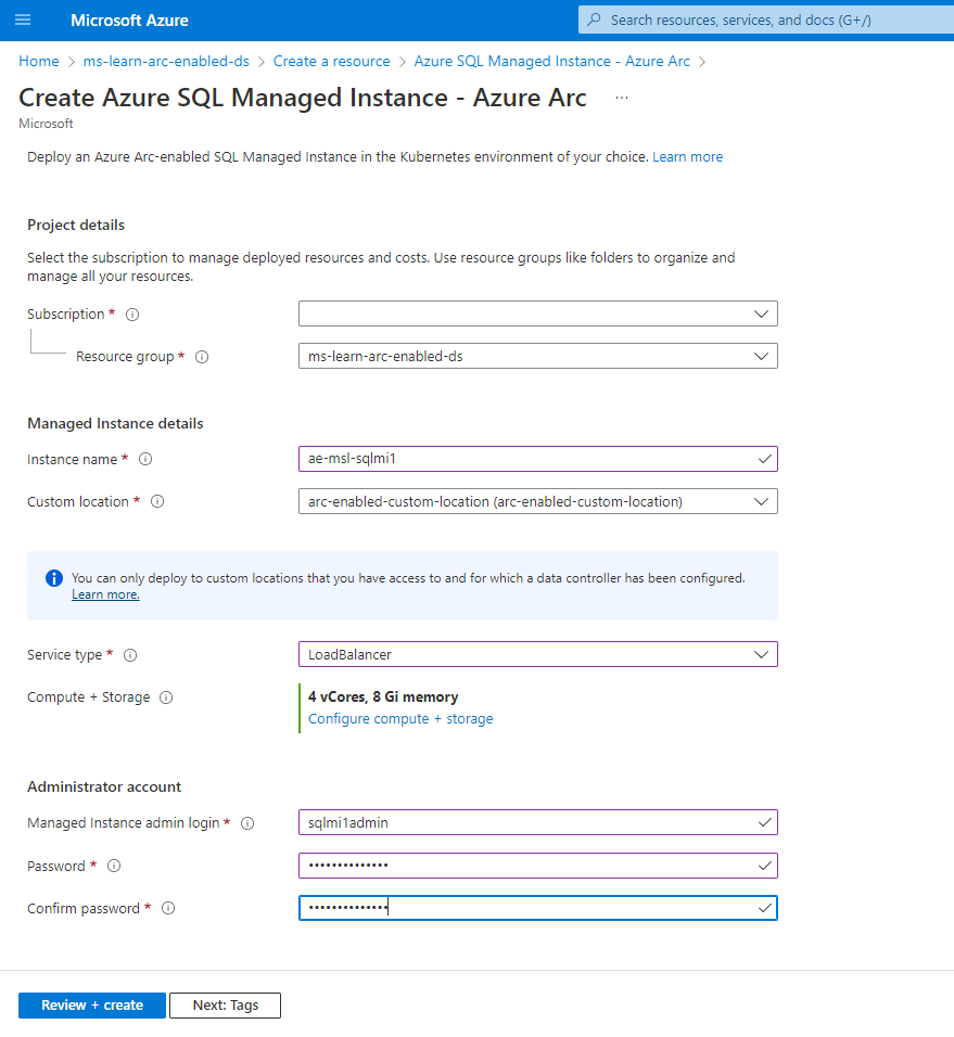 Screenshot of Azure Arc-enabled SQL Managed Instance - Azure Arc Admin Account details