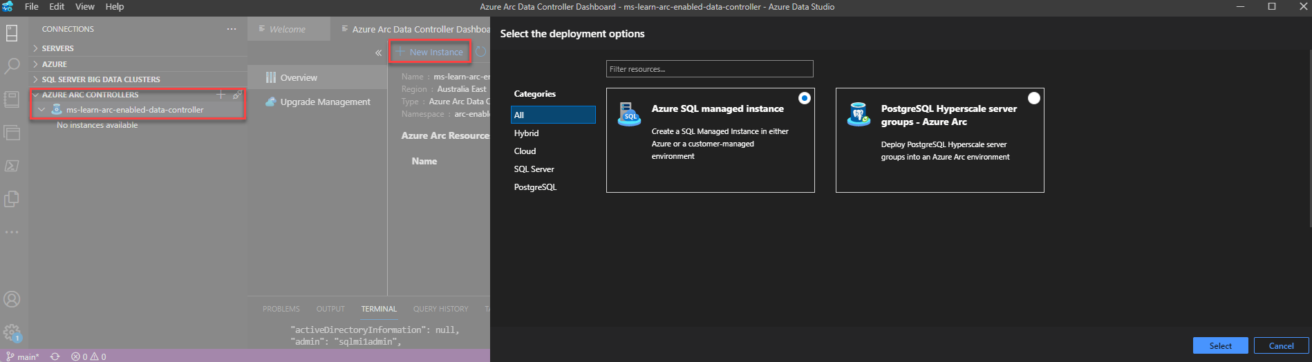 Screenshot of Azure Arc-enabled SQL Managed Instance - Azure Data Studio Azure Arc create resource