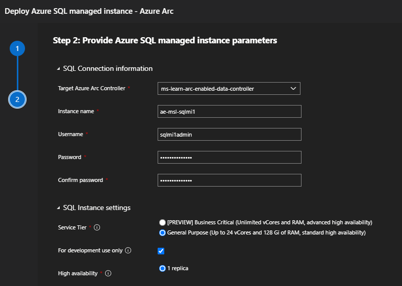 Screenshot of Azure Arc-enabled SQL Managed Instance - Azure Data Studio Azure Arc create details