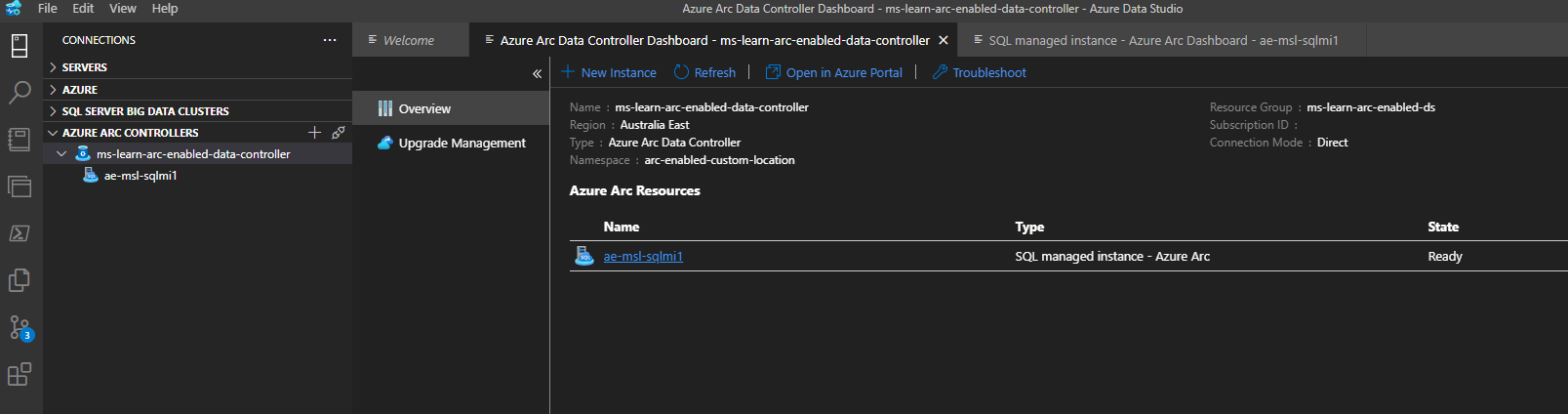 Screenshot of Azure Arc-enabled SQL Managed Instance - in Azure Data Studio