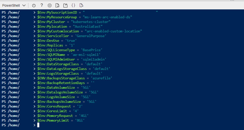 Screenshot of Azure Arc-enabled SQL Managed Instance - Local environment variables.