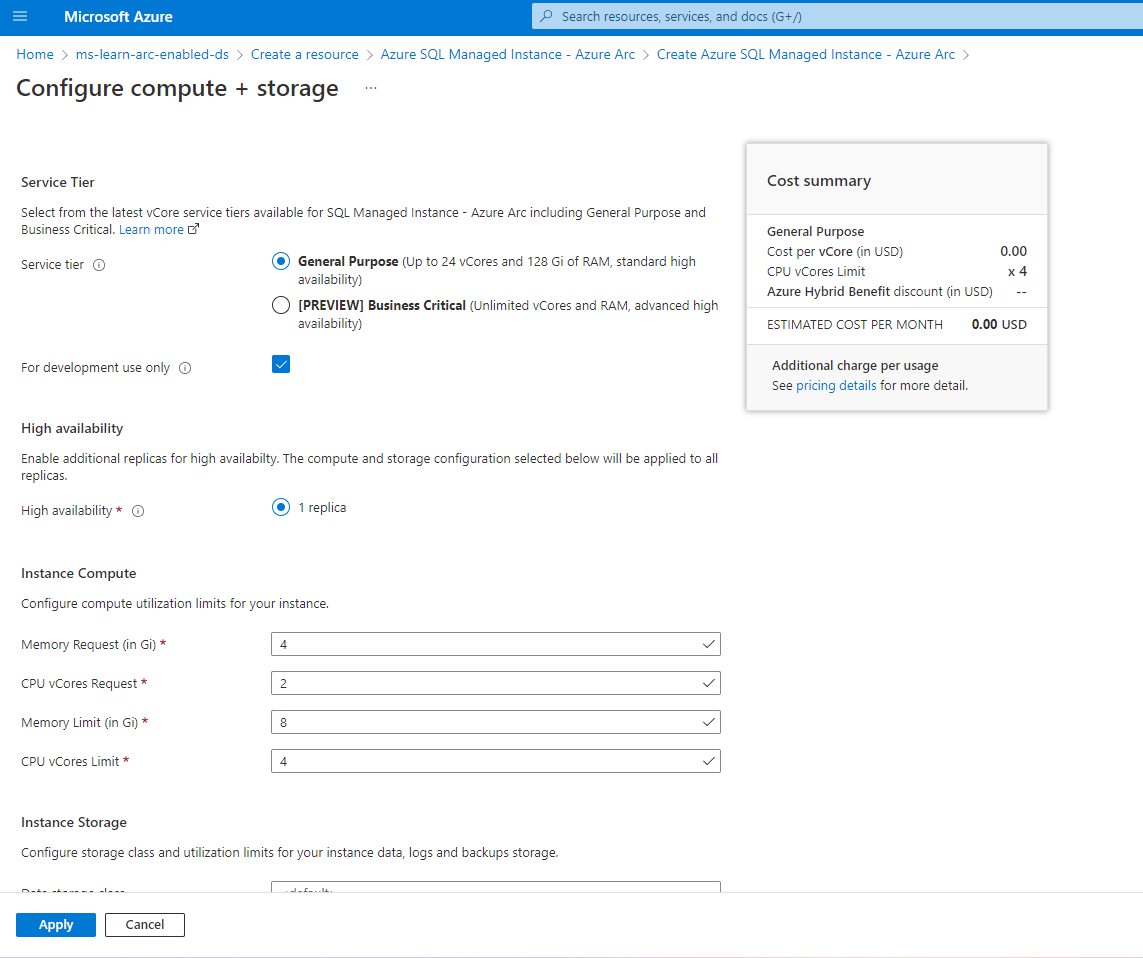 Screenshot of Azure Arc-enabled SQL Managed Instance - Azure Arc compute and storage resource details. Configure service tier, and compute utilization.