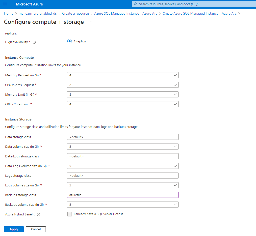 Screenshot of Azure Arc-enabled SQL Managed Instance - Azure Arc compute and storage resource details. Configure storage.